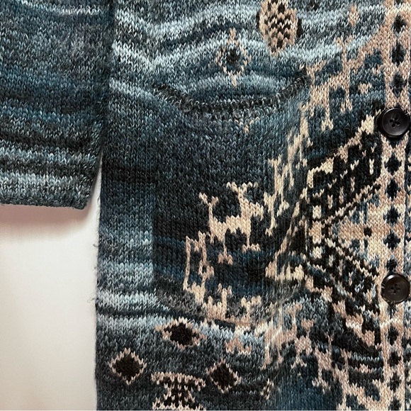 J. Jill Wool Blend Cardigan Duster Sweater SZ LP Chunky Fair Isle Jacquard Blue - Picture 6 of 13